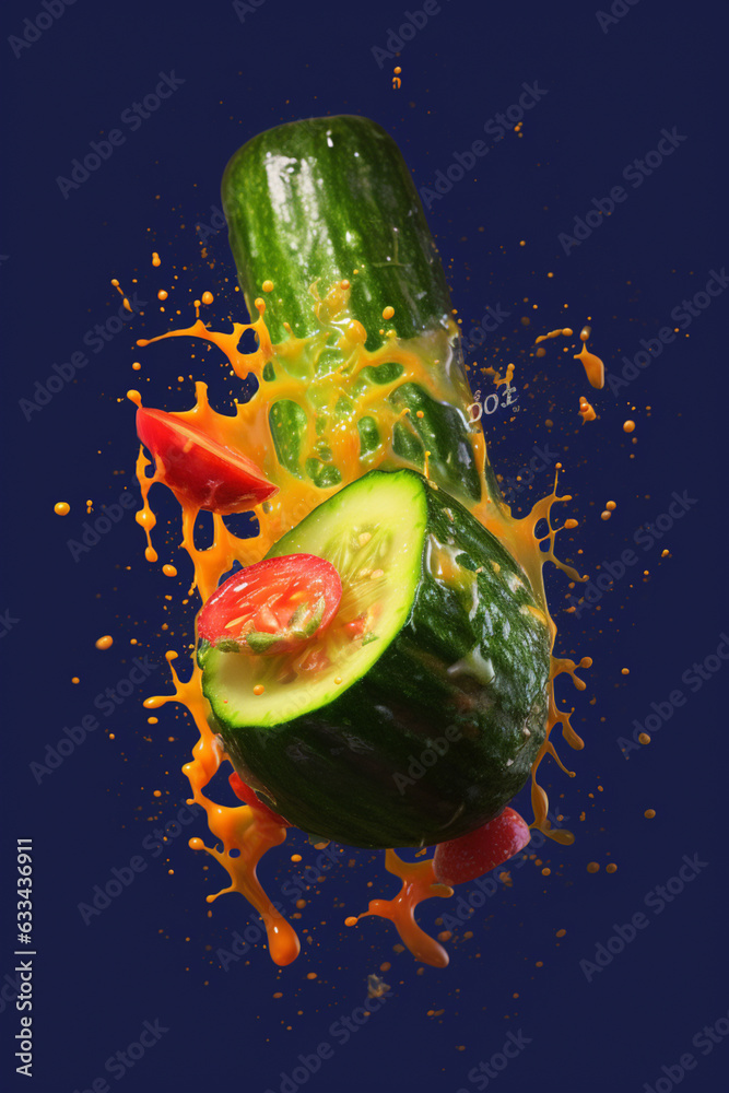 Poster An abstract surreal photograph of a Cucumber splashed in bright paint, symbolizing freshness and health.  Generative AI technology.