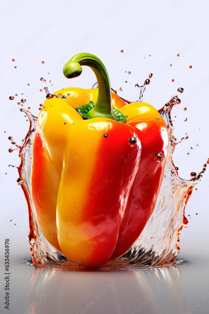 Poster an abstract surreal photograph of a bell pepper splashed in bright paint, symbolizing freshness and 