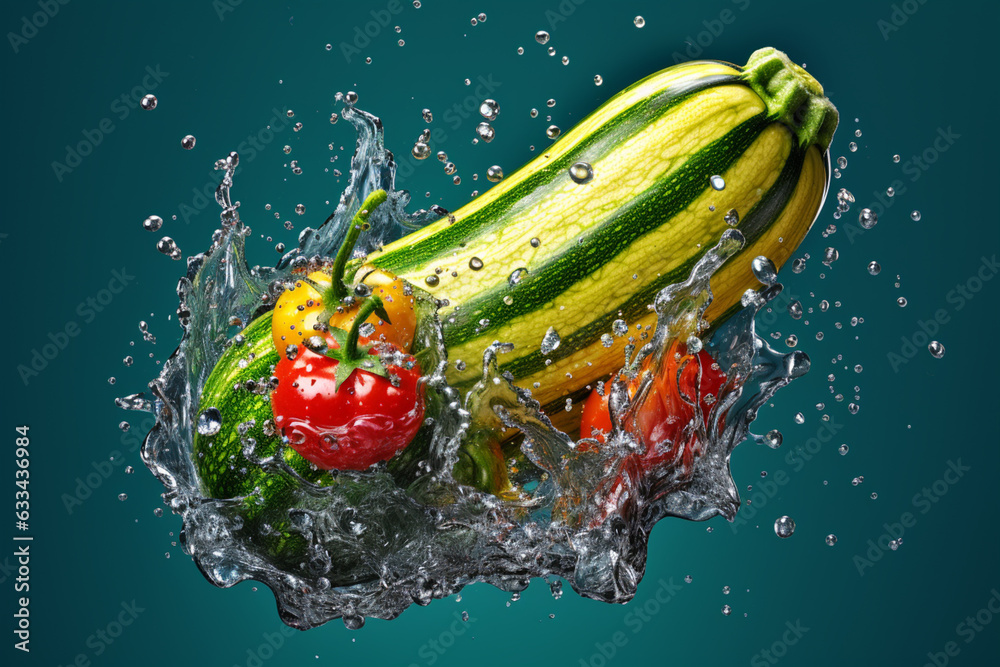 Poster an vibrant photograph of a zucchini splashed in bright paint, symbolizing freshness and health. gene