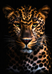 Fototapeta na wymiar Photograph of a wild leopard on a dark background conceptual for frame