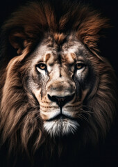 Photograph of a wild lion on a dark background conceptual for frame