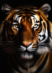 Fototapeta premium Photograph of a wild tiger on a dark background conceptual for frame