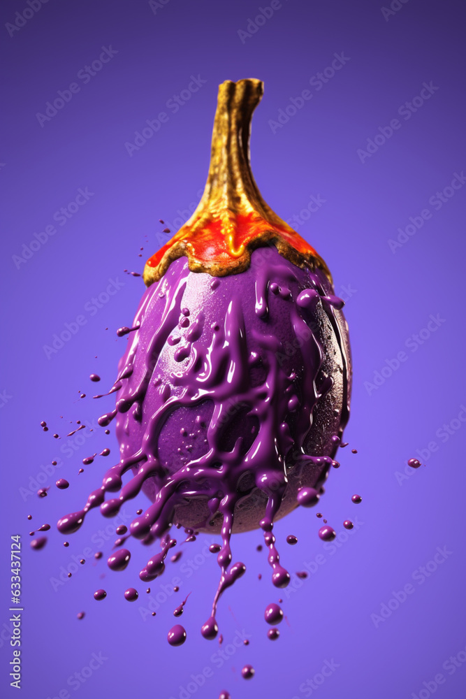 Poster an abstract surreal photograph of a eggplant splashed in bright paint, symbolizing freshness and hea