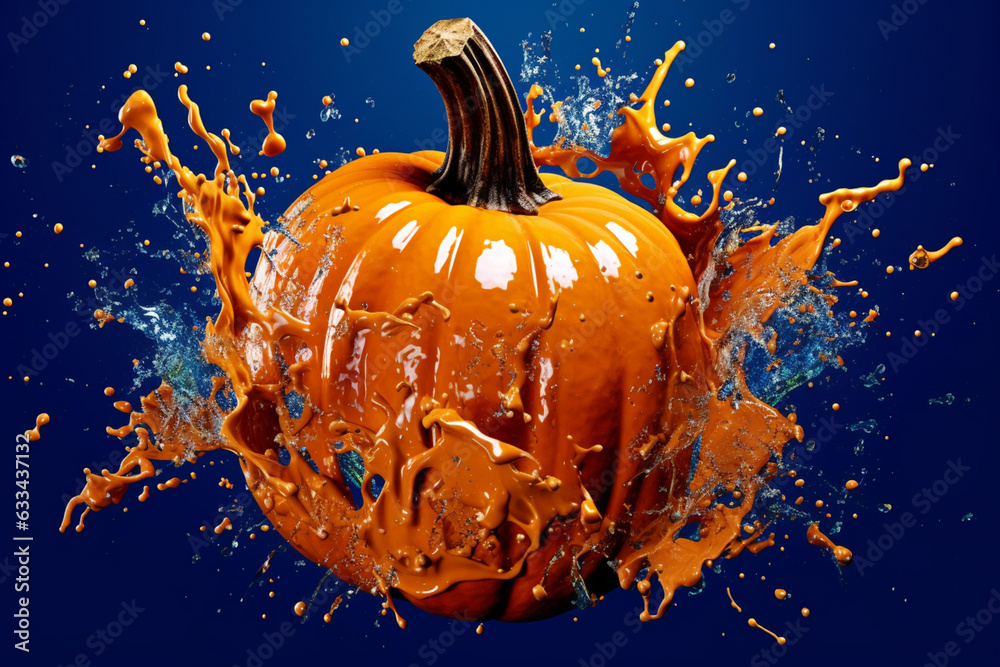 Poster an vibrant photograph of a pumpkin splashed in bright paint, symbolizing freshness and health. gener