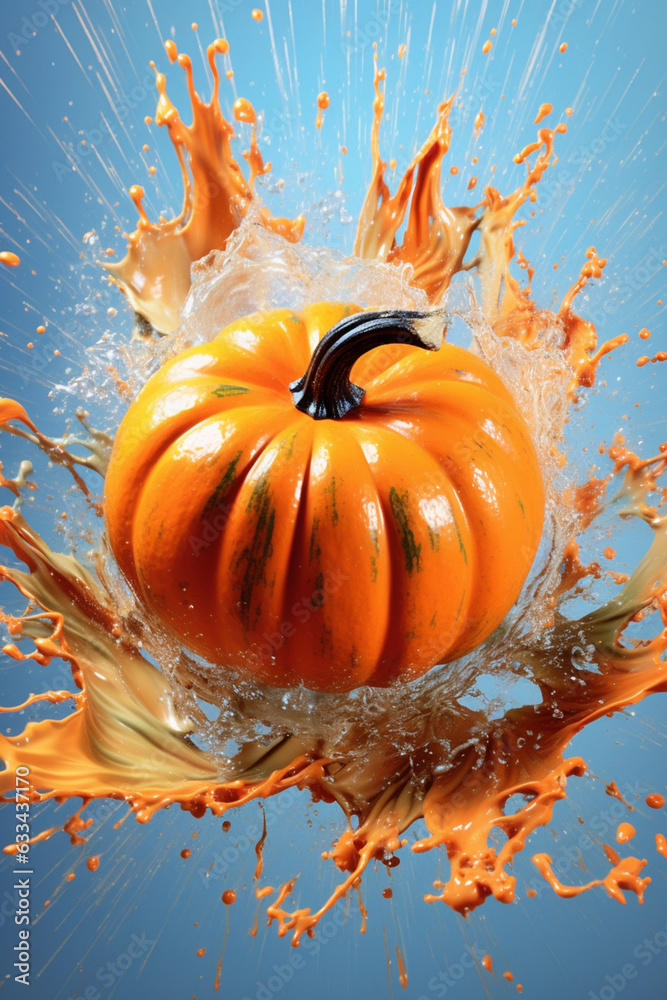 Aufkleber an abstract surreal photograph of a pumpkin splashed in bright paint, symbolizing freshness and heal