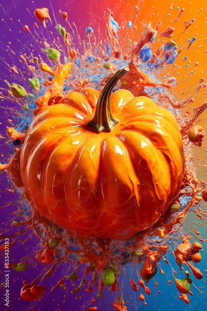 Aufkleber an abstract surreal photograph of a pumpkin splashed in bright paint, symbolizing freshness and heal
