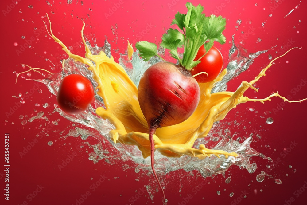 Poster an vibrant photograph of a radish splashed in bright paint, symbolizing freshness and health. genera