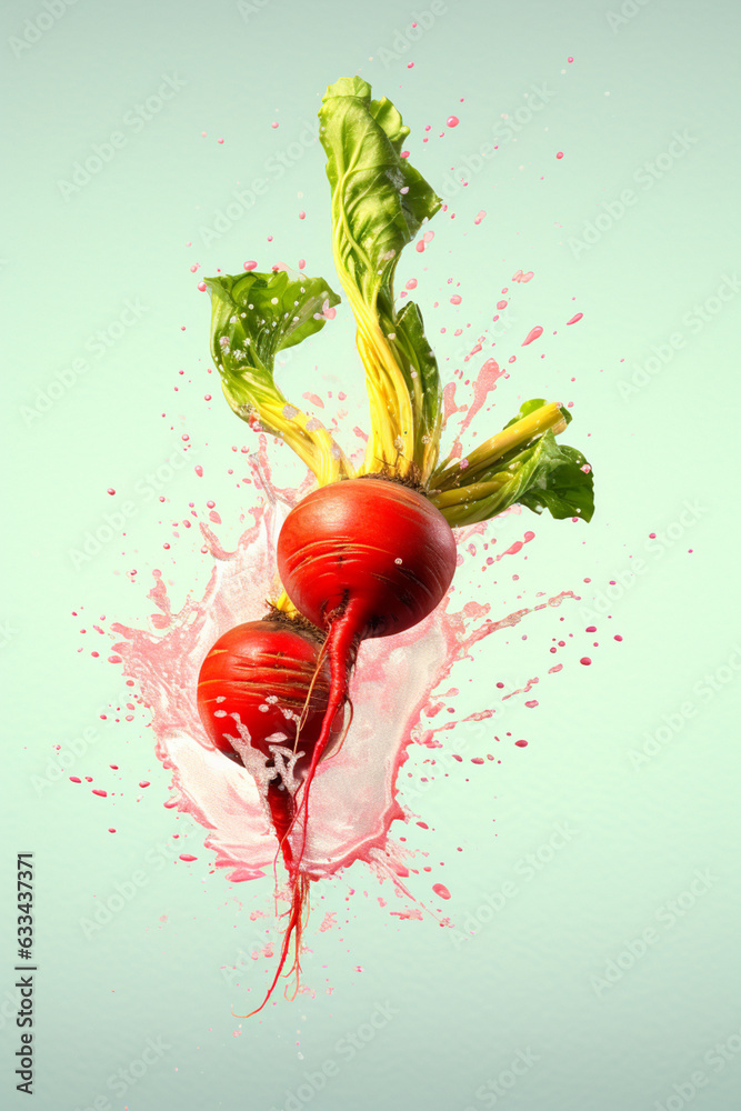 Aufkleber an abstract surreal photograph of a radish splashed in bright paint, symbolizing freshness and healt