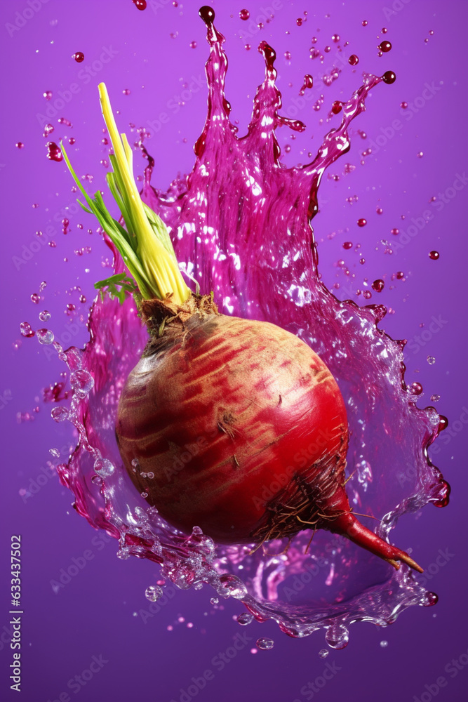 Poster An abstract surreal photograph of a Beetroot splashed in bright paint, symbolizing freshness and health.   Generative AI technology.