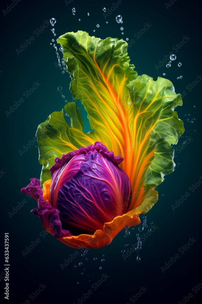Poster   An abstract surreal photograph of a Cabbage splashed in bright paint, symbolizing freshness and health. Generative AI technology.