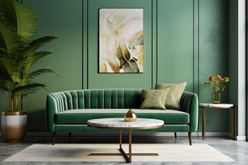 A render showcasing a living room with a green sofa, table, and decor as part of a home interior mockup.