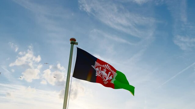 3840x2160. Flag of Afghanistan waving in the wind, sky and sun background. Afghanistan Flag.