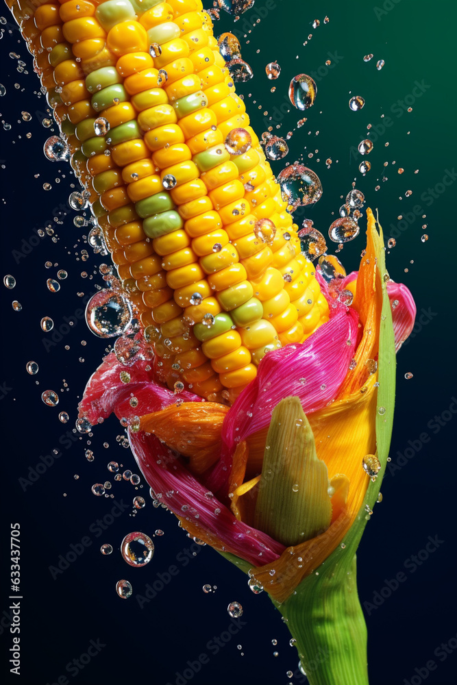 Poster an abstract surreal photograph of a corn splashed in bright paint, symbolizing freshness and health.