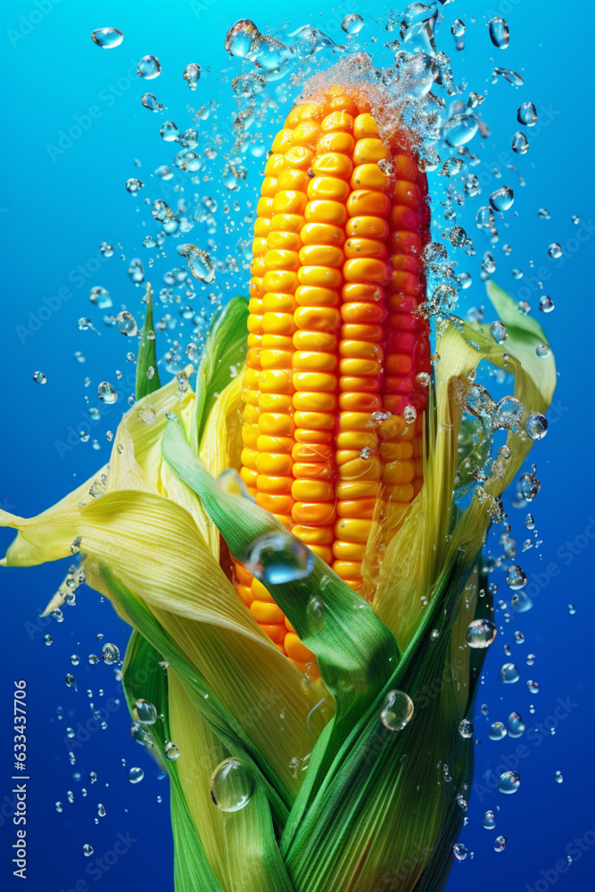 Aufkleber An abstract surreal photograph of a Corn splashed in bright paint, symbolizing freshness and health.    Generative AI technology.