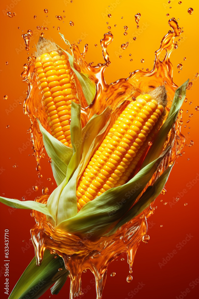 Aufkleber an abstract surreal photograph of a corn splashed in bright paint, symbolizing freshness and health.