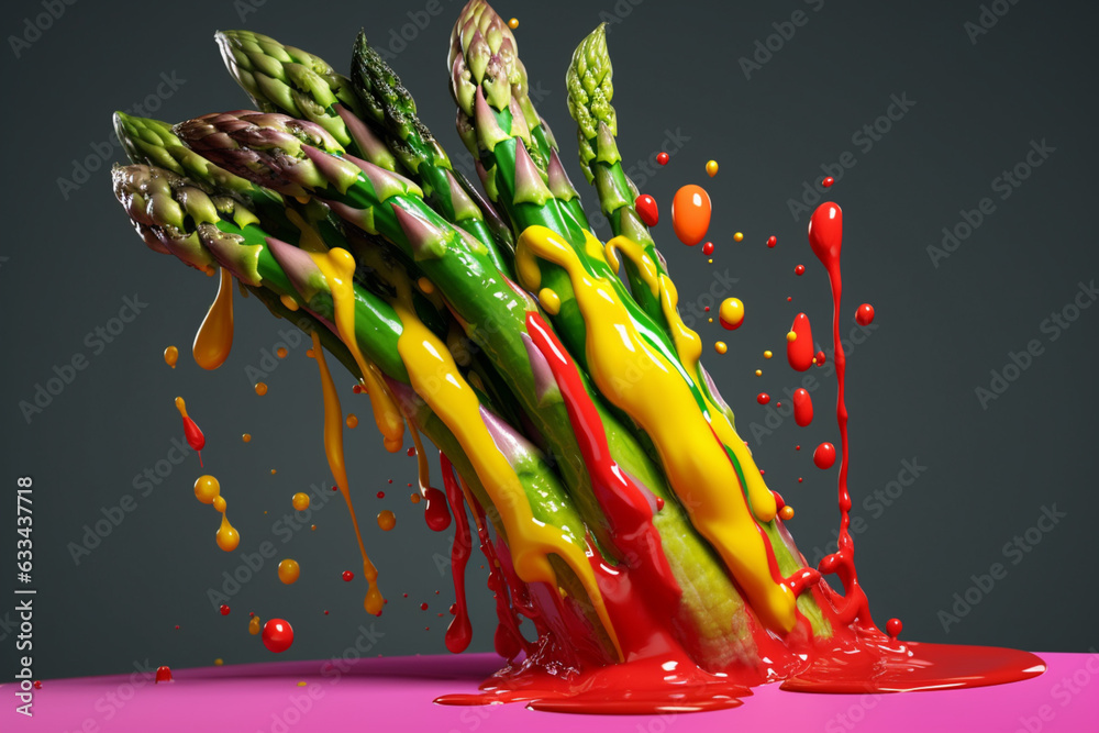 Poster an vibrant photograph of a asparagus splashed in bright paint, symbolizing freshness and health. gen