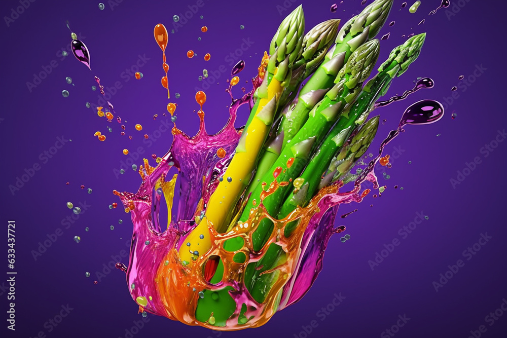 Poster an vibrant photograph of a asparagus splashed in bright paint, symbolizing freshness and health. gen
