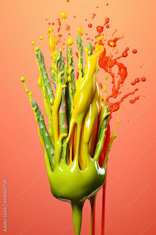 Poster an abstract surreal photograph of a asparagus splashed in bright paint, symbolizing freshness and he