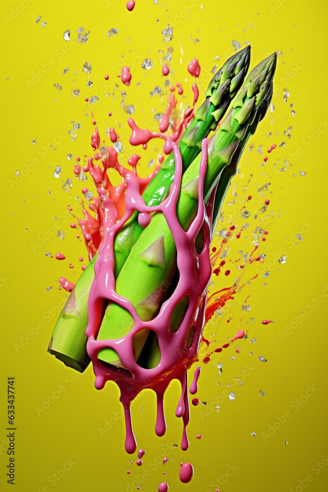 Poster an abstract surreal photograph of a asparagus splashed in bright paint, symbolizing freshness and he