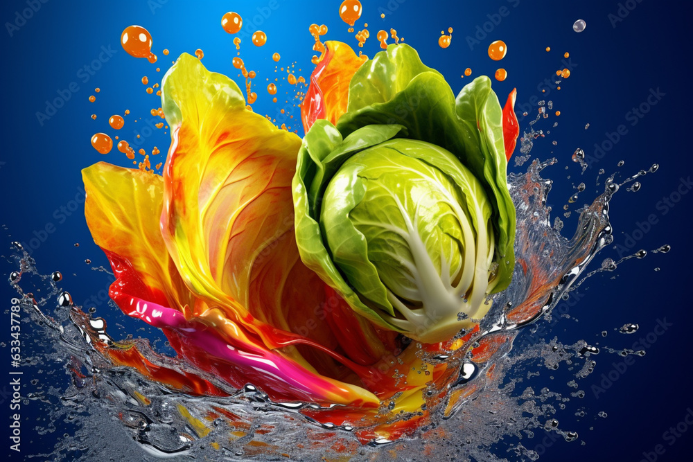 Poster an vibrant photograph of a brussels sprouts splashed in bright paint, symbolizing freshness and heal