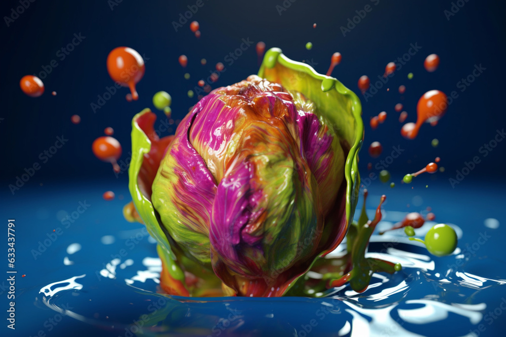Aufkleber an vibrant photograph of a brussels sprouts splashed in bright paint, symbolizing freshness and heal