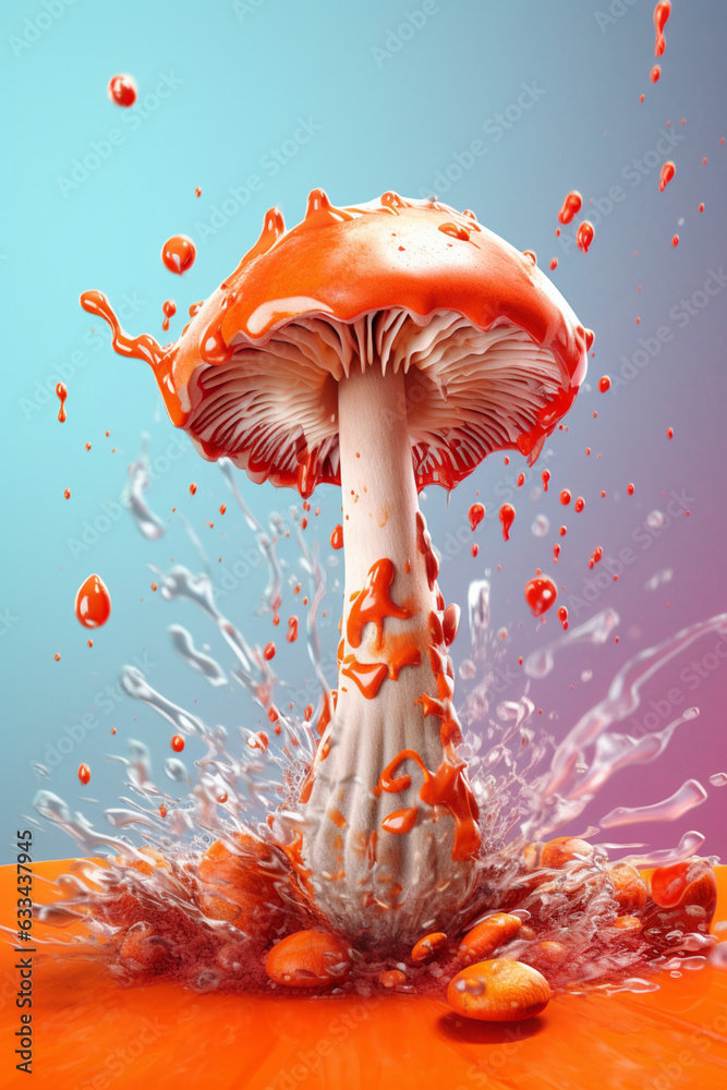 Poster An abstract surreal photograph of a Mushroom splashed in bright paint, symbolizing freshness and health.  Generative AI technology.