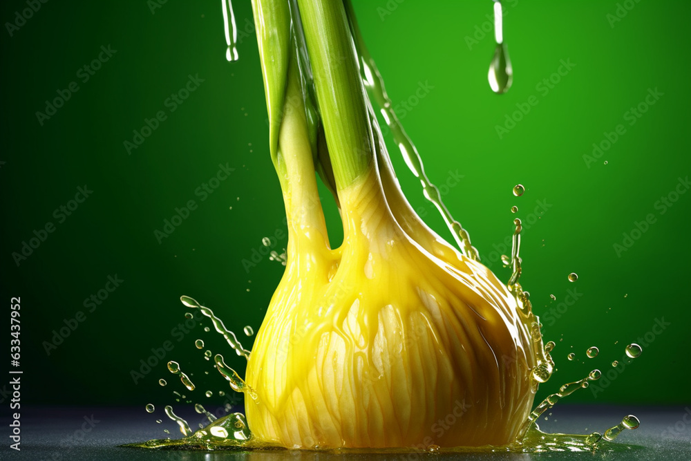 Poster an vibrant photograph of a leek splashed in bright paint, symbolizing freshness and health. generati