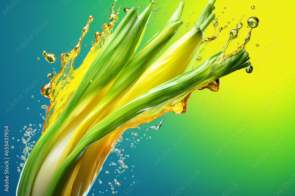 Poster an vibrant photograph of a leek splashed in bright paint, symbolizing freshness and health. generati