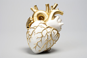 Porcelain ceramic anatomical heart with golden details - obrazy, fototapety, plakaty