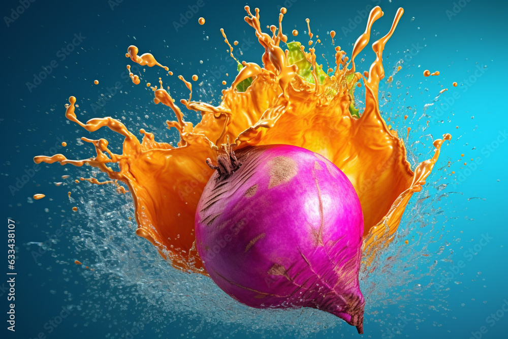Poster an vibrant photograph of a turnip splashed in bright paint, symbolizing freshness and health. genera