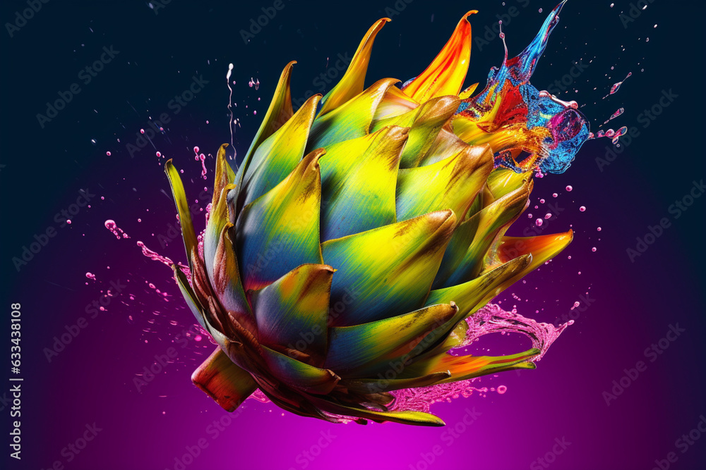 Poster an vibrant photograph of a artichoke splashed in bright paint, symbolizing freshness and health. gen