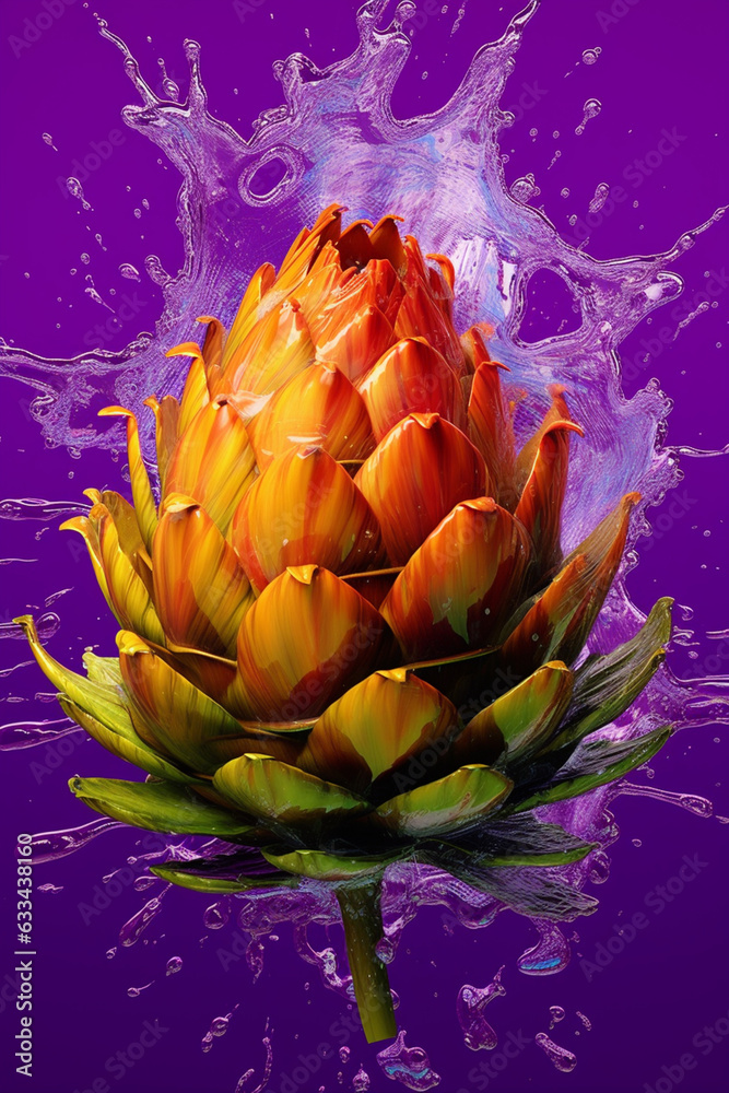 Poster an abstract surreal photograph of a artichoke splashed in bright paint, symbolizing freshness and he