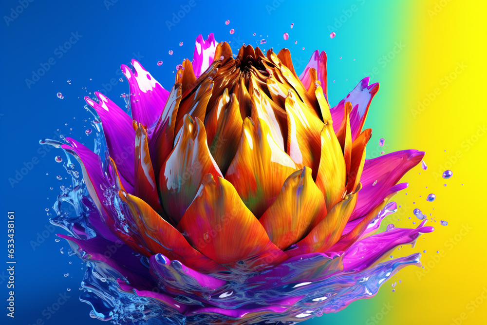 Poster an vibrant photograph of a artichoke splashed in bright paint, symbolizing freshness and health. gen