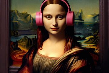 Brunette woman very similar to the Mona Lisa with pink headphones 