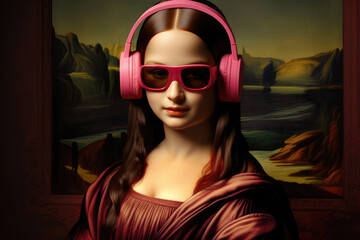 Brunette woman similar to the Mona Lisa with pink headphones and pink glasses
