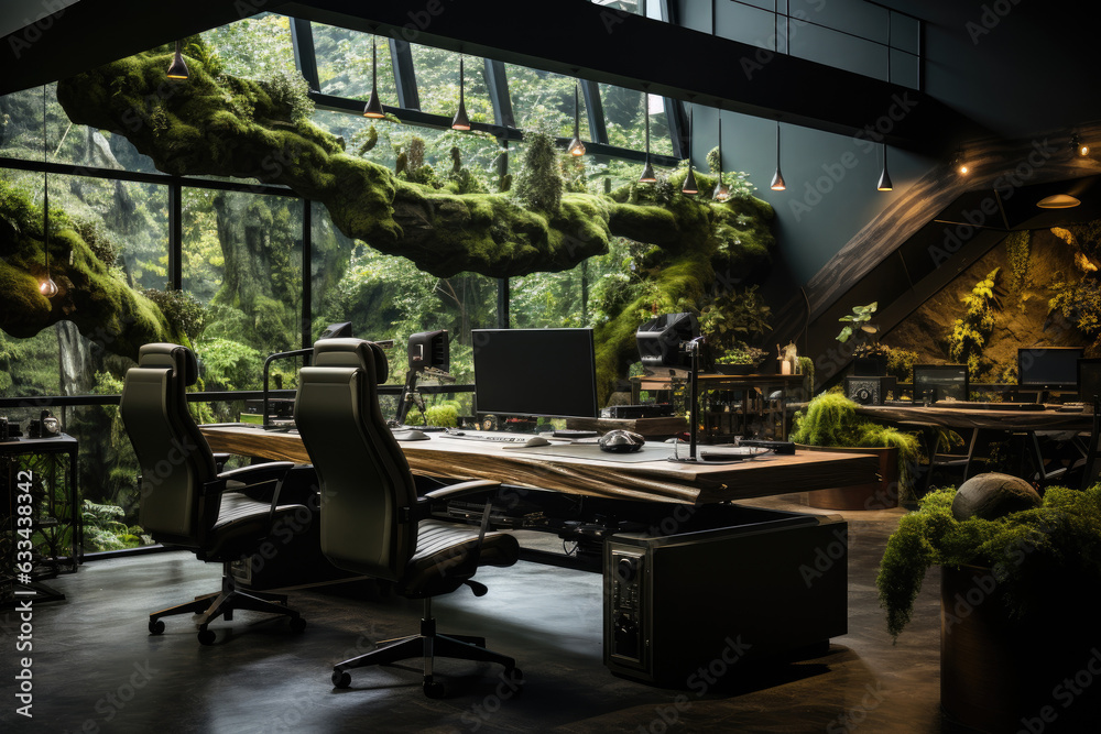 Poster office  with wooden table and many natural green plants