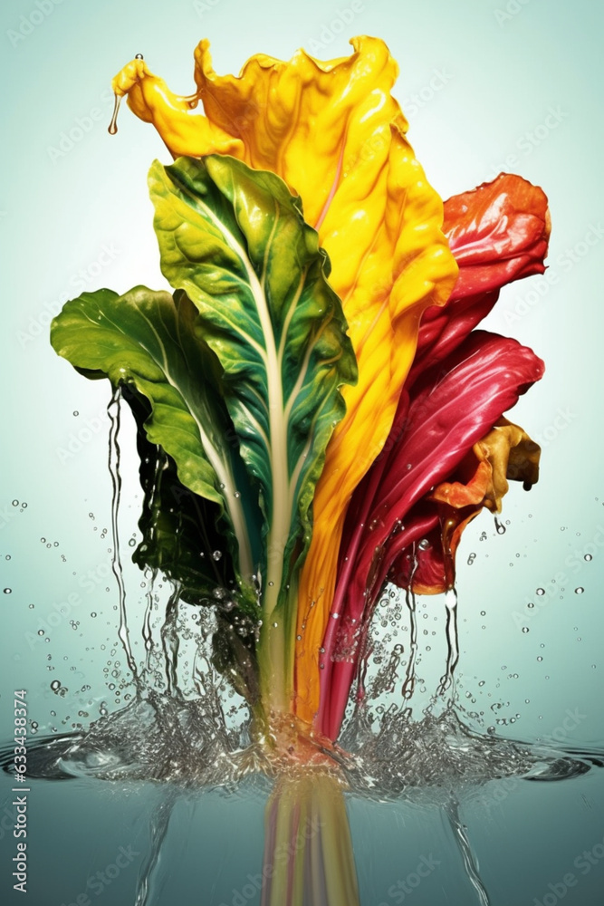 Poster an abstract surreal photograph of a swiss chard splashed in bright paint, symbolizing freshness and 