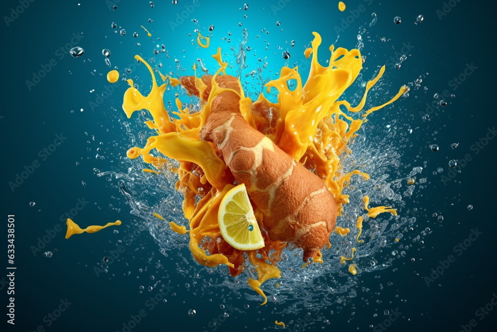 Poster an vibrant photograph of a ginger splashed in bright paint, symbolizing freshness and health. genera