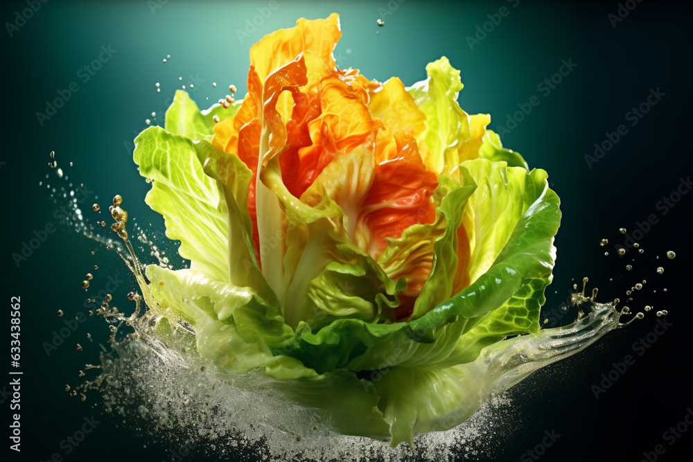 Poster an vibrant photograph of a lettuce splashed in bright paint, symbolizing freshness and health. gener