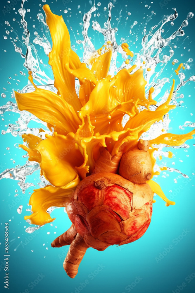 Poster an abstract surreal photograph of a ginger splashed in bright paint, symbolizing freshness and healt
