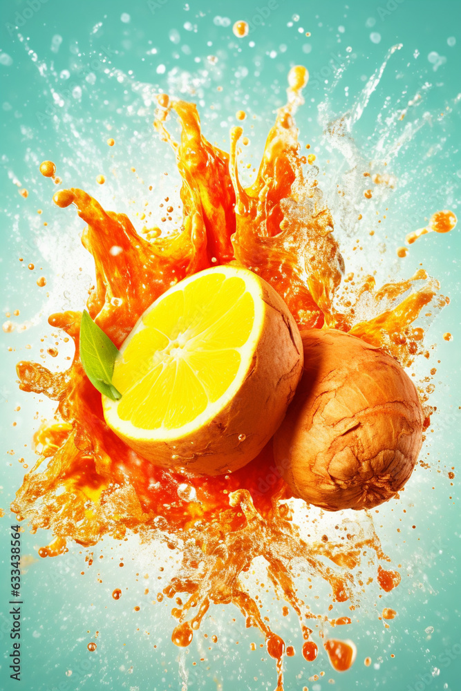 Poster an abstract surreal photograph of a ginger splashed in bright paint, symbolizing freshness and healt