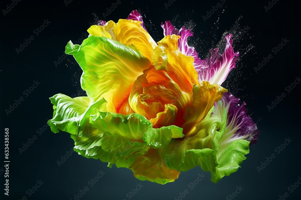 Poster an vibrant photograph of a lettuce splashed in bright paint, symbolizing freshness and health. gener