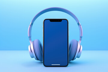 Wireless headphones and smartphone mockup display on blue background Generative AI