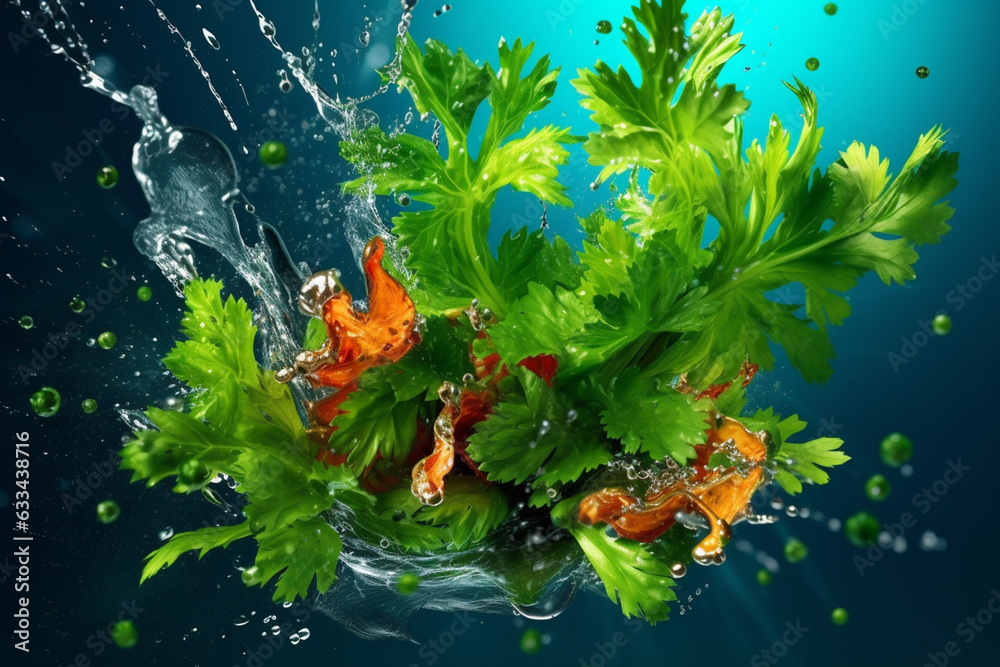 Aufkleber an vibrant photograph of a cilantro splashed in bright paint, symbolizing freshness and health. gene