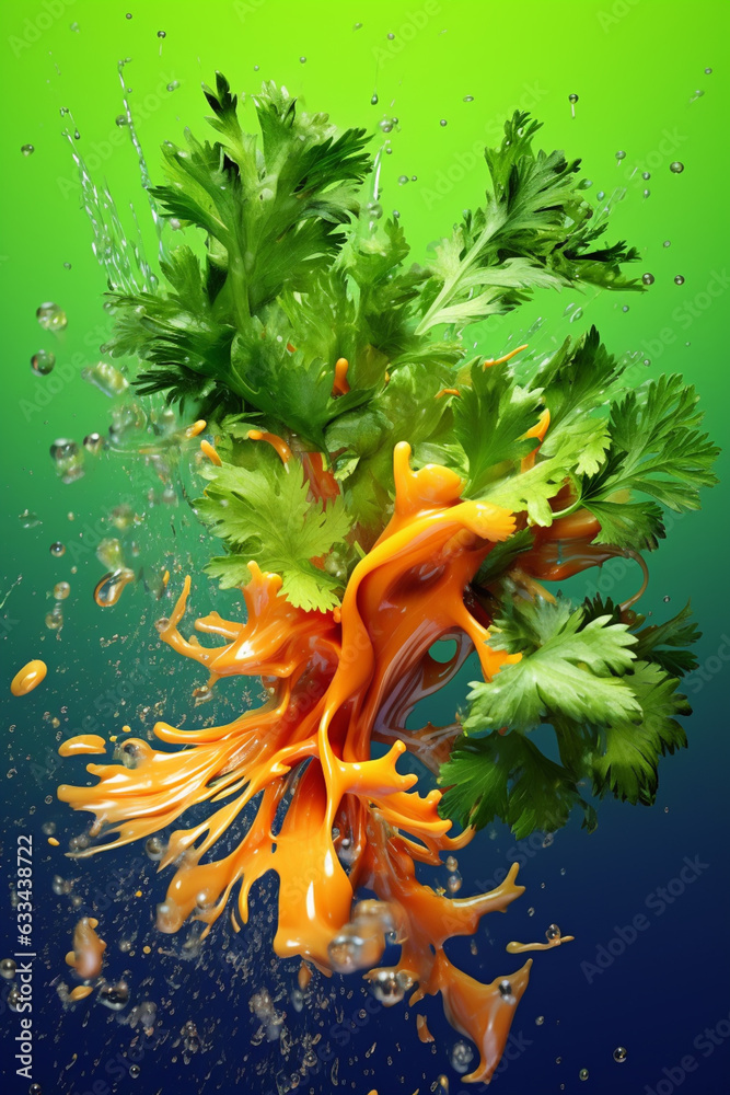 Poster An abstract surreal photograph of a Cilantro splashed in bright paint, symbolizing freshness and health. Generative AI technology.
