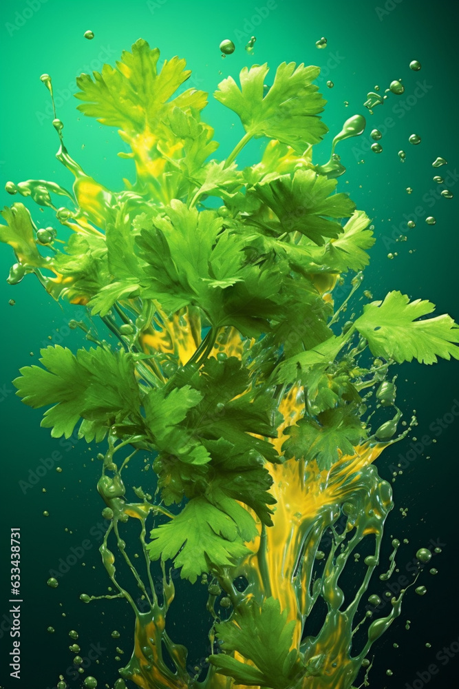 Aufkleber an abstract surreal photograph of a cilantro splashed in bright paint, symbolizing freshness and hea