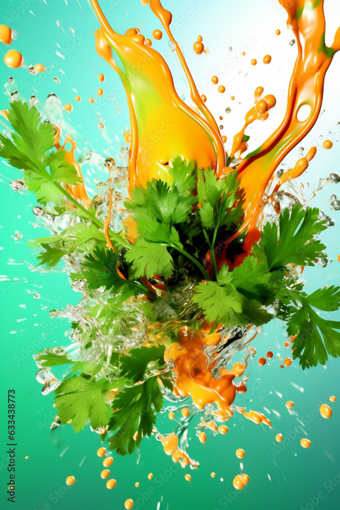 Aufkleber an abstract surreal photograph of a cilantro splashed in bright paint, symbolizing freshness and hea
