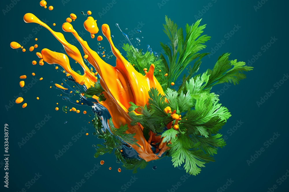 Poster an vibrant photograph of a parsley splashed in bright paint, symbolizing freshness and health. gener