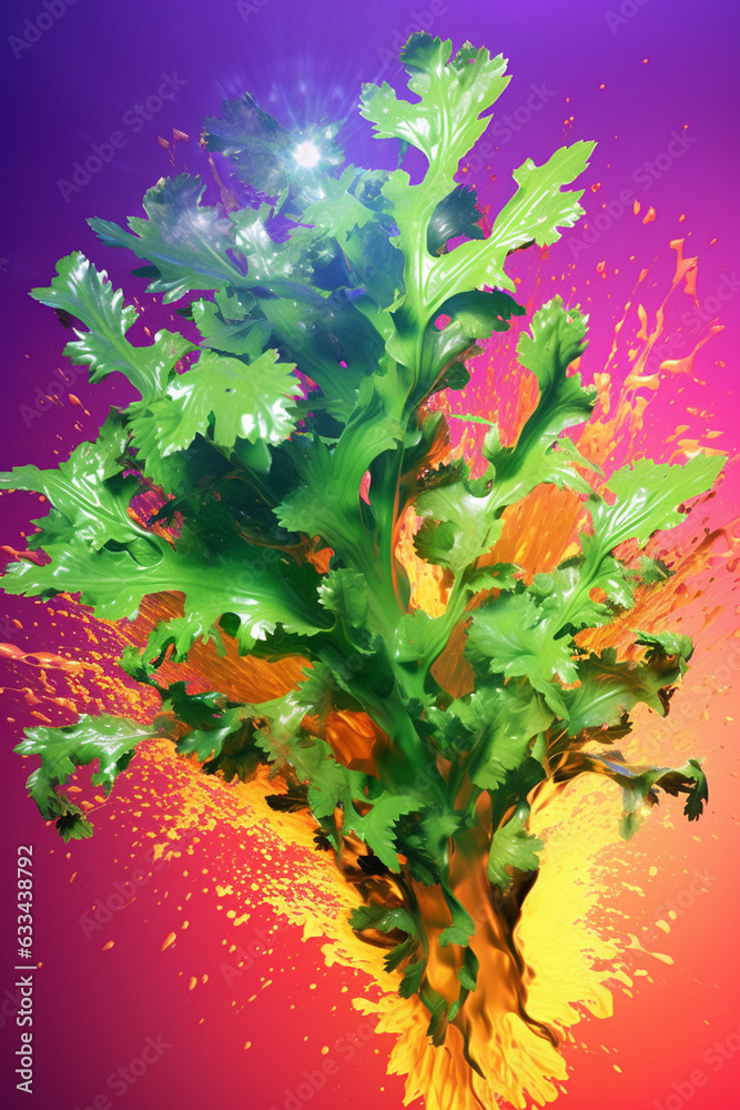 Aufkleber an abstract surreal photograph of a parsley splashed in bright paint, symbolizing freshness and heal
