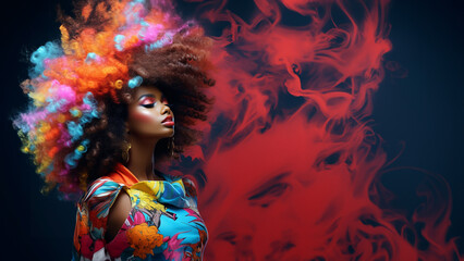 Model Frau Afroamerikanisches Gesicht in Popigen Outfit und Farbexplosion im Haar, ai generativ